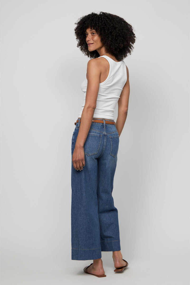 Rear view of plus-size cropped wide-leg jeans for women in soft-washed medium indigo denim.