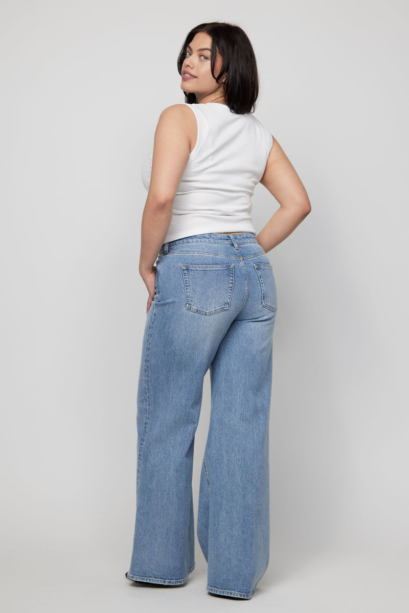 Back view of high-rise wide-leg jeans highlighting the flattering yoke and soft faded wash.