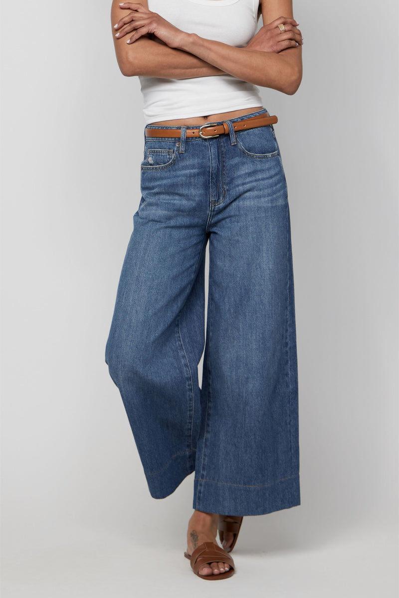 Close-up of high-rise waist and pocket details on plus-size cropped wide-leg jeans in mid-blue wash.