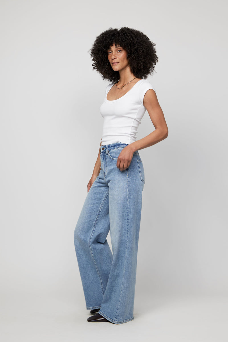 Side view of high-rise wide-leg jeans styled with a basic white top and minimal accessories.