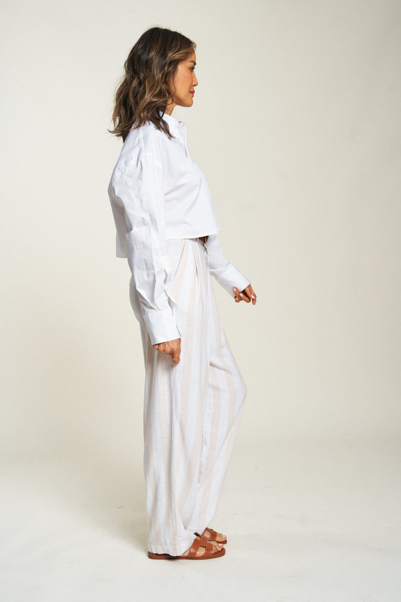 Side view of high-waisted dress pants worn with a white shirt. These women&