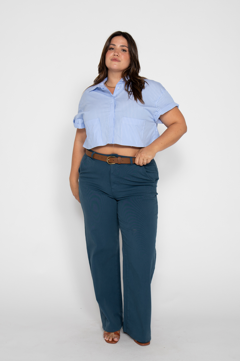 Front view of plus-size model wearing high-waisted blue wide-leg pants paired with a light blue button-down shirt.