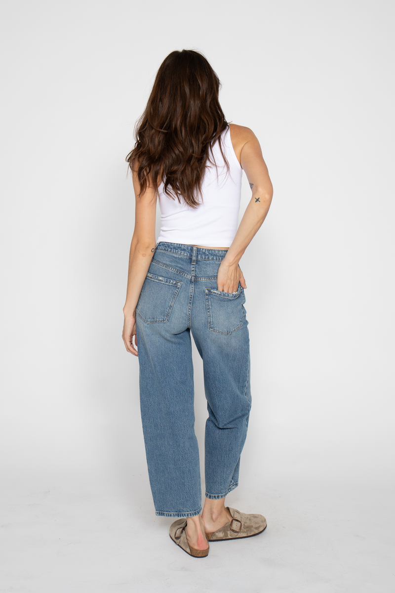Back view of model in high waist wide leg crop jeans, highlighting the barrel jeans cut and flattering silhouette.