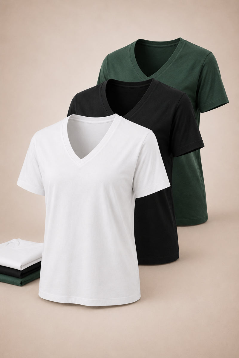 Camille V Neck Tee 3 Pack Neutral Trio