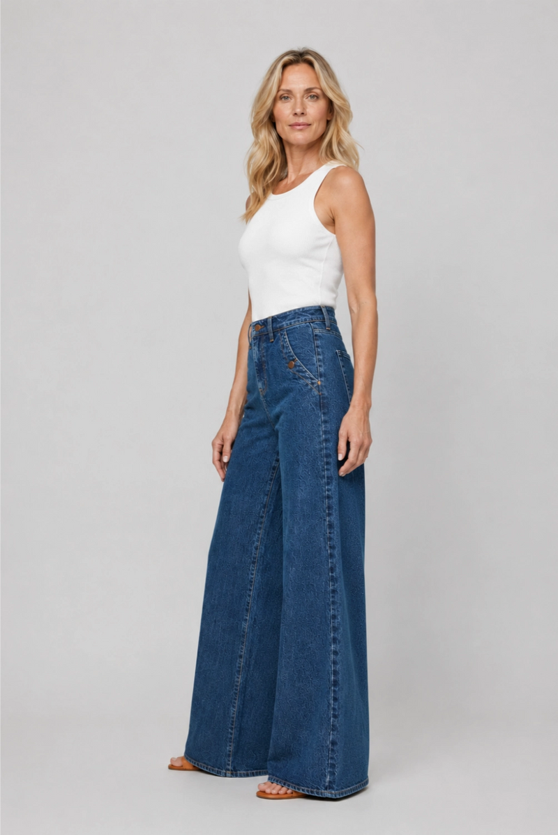 Andrews High Rise Extra Wide Leg Button Pockets Medium Worn