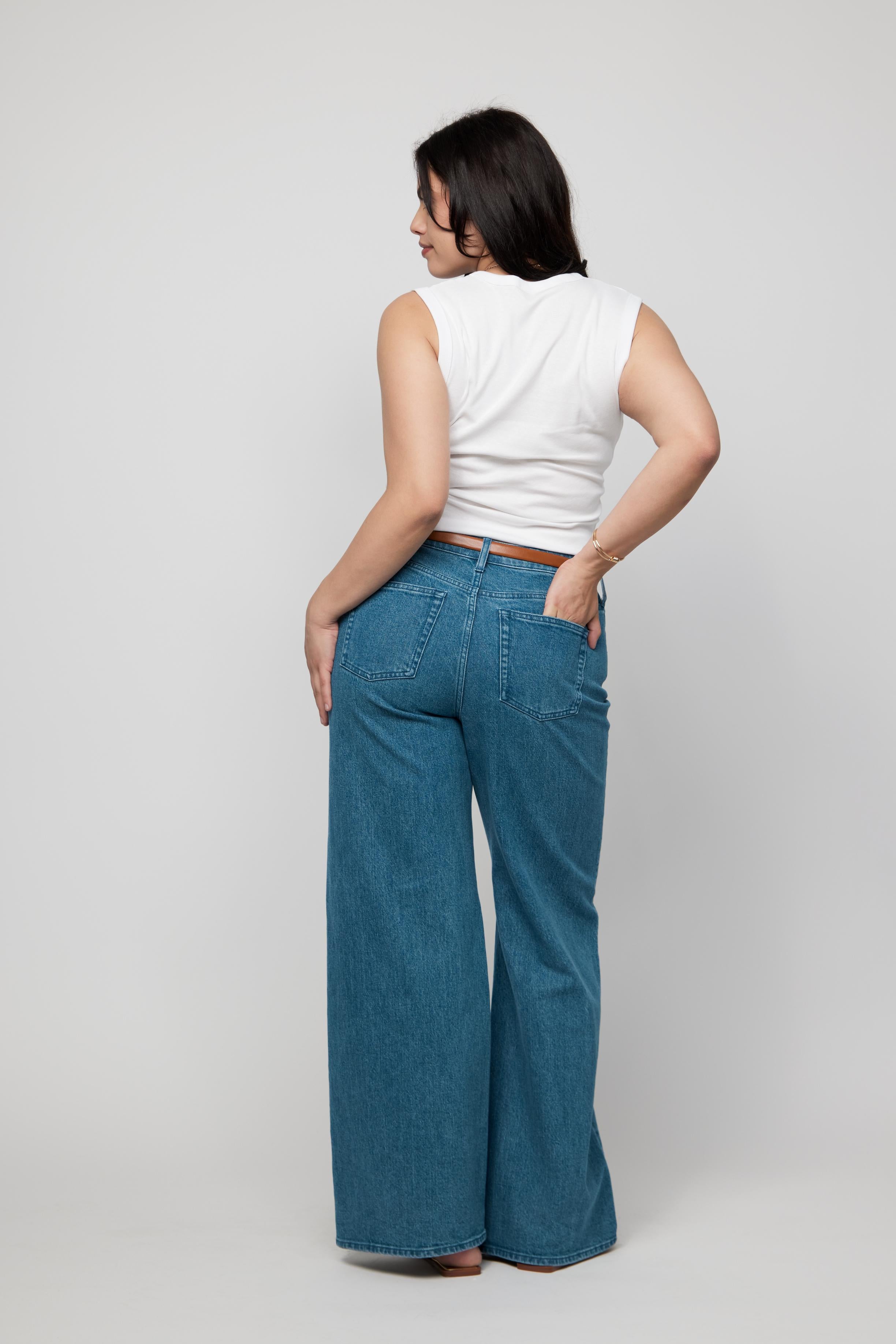 Andrew High Rise Wide Leg Jeans – Medium Blue Green | Colored
