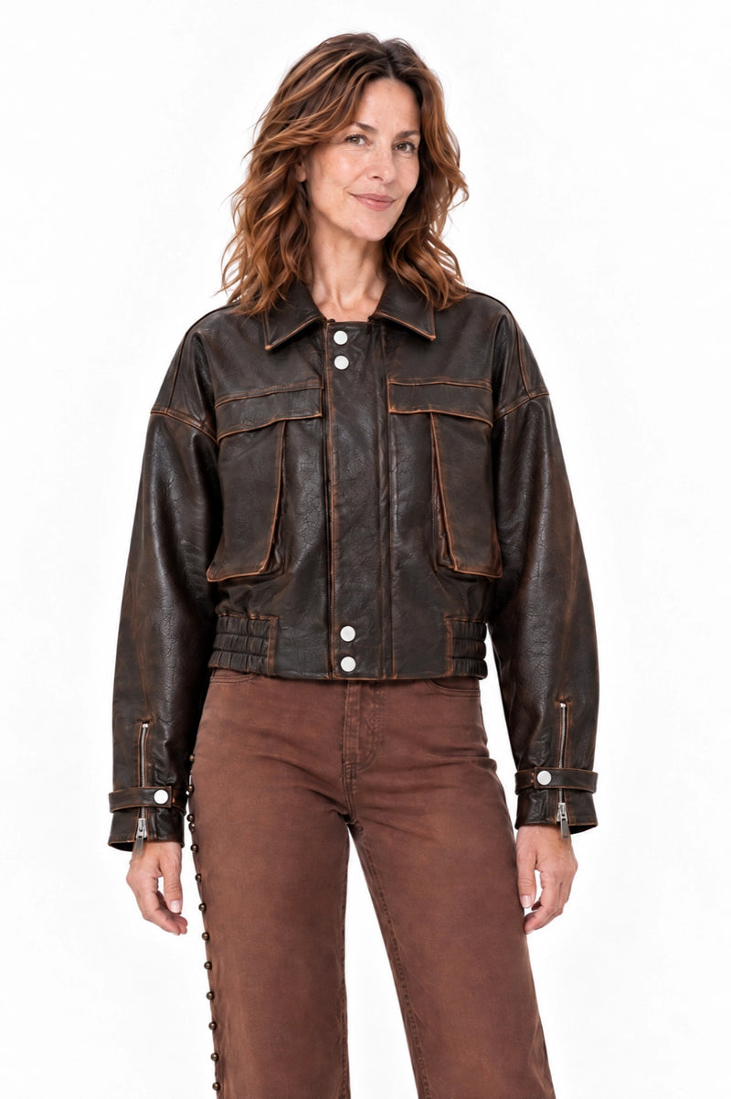 Faux Leather Bomber Jacket Cocoa