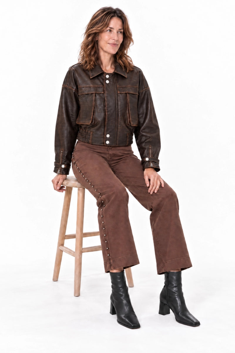 Faux Leather Bomber Jacket Cocoa