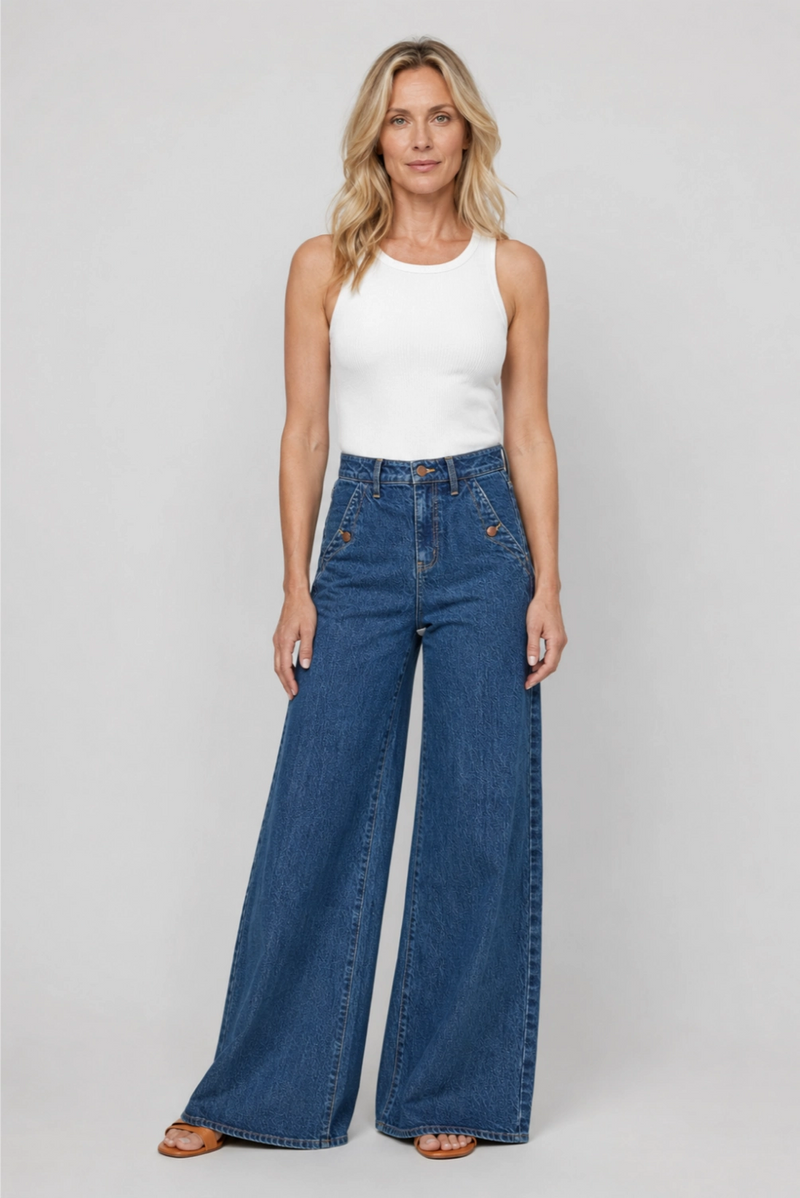 Andrews High Rise Extra Wide Leg Button Pockets Medium Worn